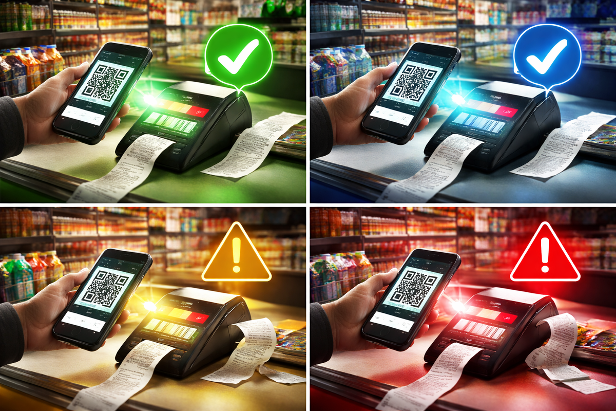 Four-panel QR checkout drama—green check wins vs red warning fails, receipts spilling everywhere, panic-to-relief mood, “one mistake costs you” tension