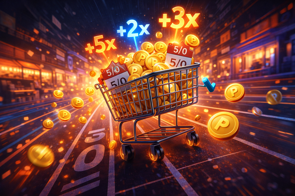 Shopping cart bursting with coins and multiplier boosts (+5x +2x +3x)—“5/0” day frenzy, turbo-charged point storm, chaotic bargain euphoria