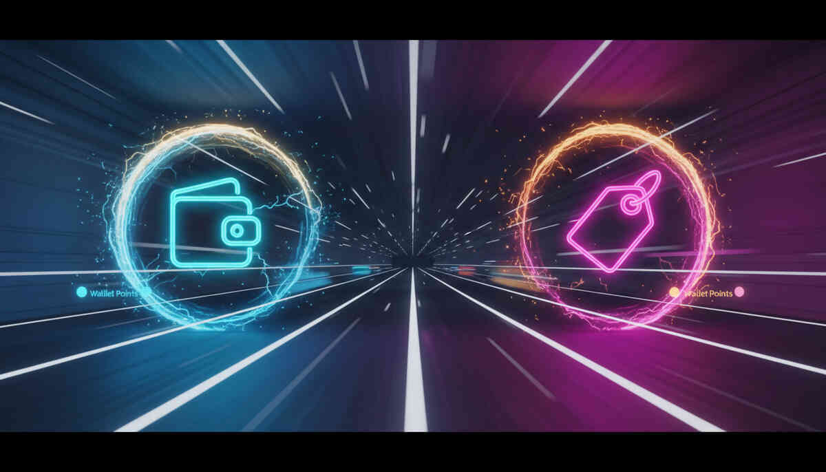 Warp-speed split tunnel: digital wallet points vs gift-card credits—neon decision race, high-stakes “choose the better return” intensity, fast, hypnotic deal momentum