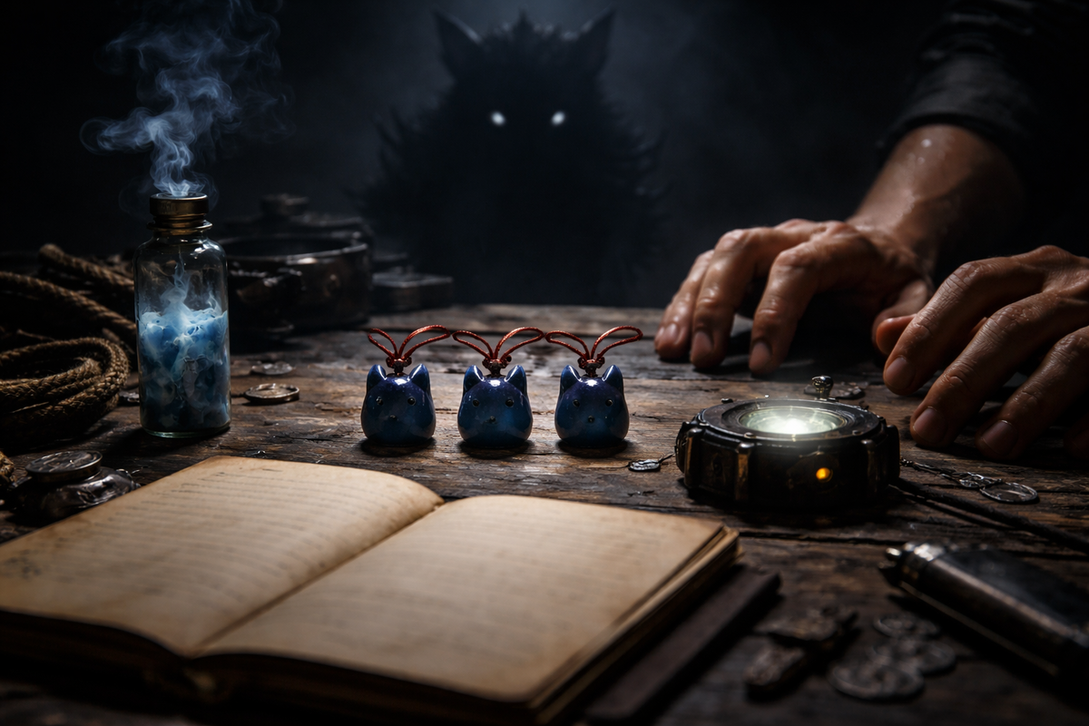 Three blue lucky charms beside a smoky sleep vial and a ticking gadget—sweaty hands hovering while a shadowy ally watches, ritual-like focus and ruthless catch-rate confidence  