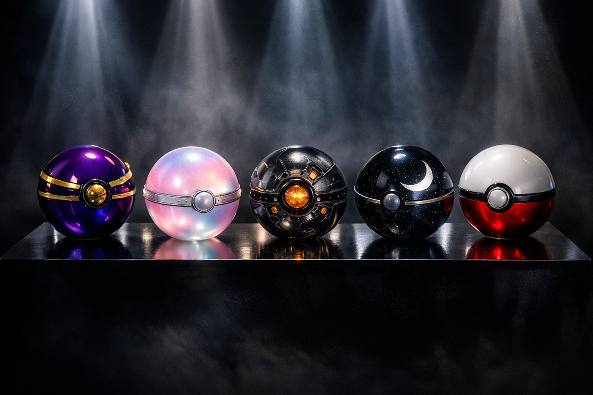 Five glossy capture orbs under dramatic spotlights—collector lust, instant ranking drama, and that addictive “which one is the ultimate flex” rare-hunt thrill  