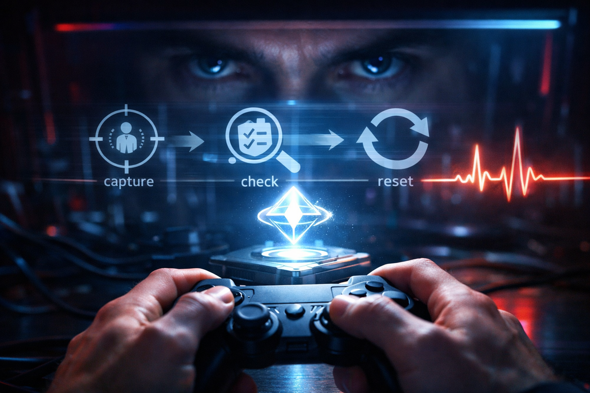 Ice-cold eyes locked in over a controller as a capture→check→reset loop flashes with a pulsing heartbeat—obsessive reroll grind, perfection-chasing tension, zero-compromise mindset  