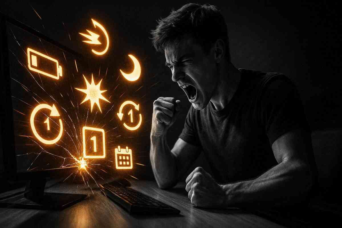 A gamer erupts in a raw scream at a cracking screen while glowing strategy icons explode—rage, desperation, and unstoppable comeback energy when the catch keeps slipping away  
