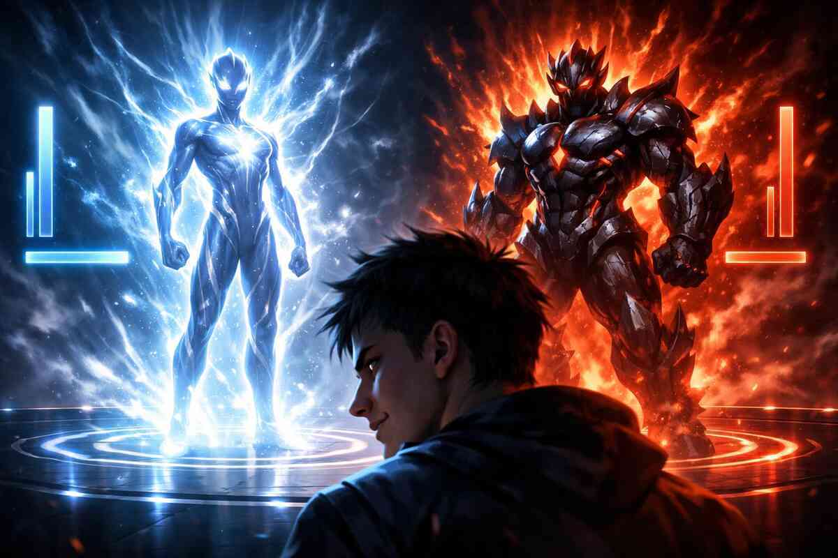 Two powered-up forms collide in your choice: radiant blue speed aura vs molten red armored power—dominance fantasy, competitive swagger, and the thrilling “pick your monster” moment  