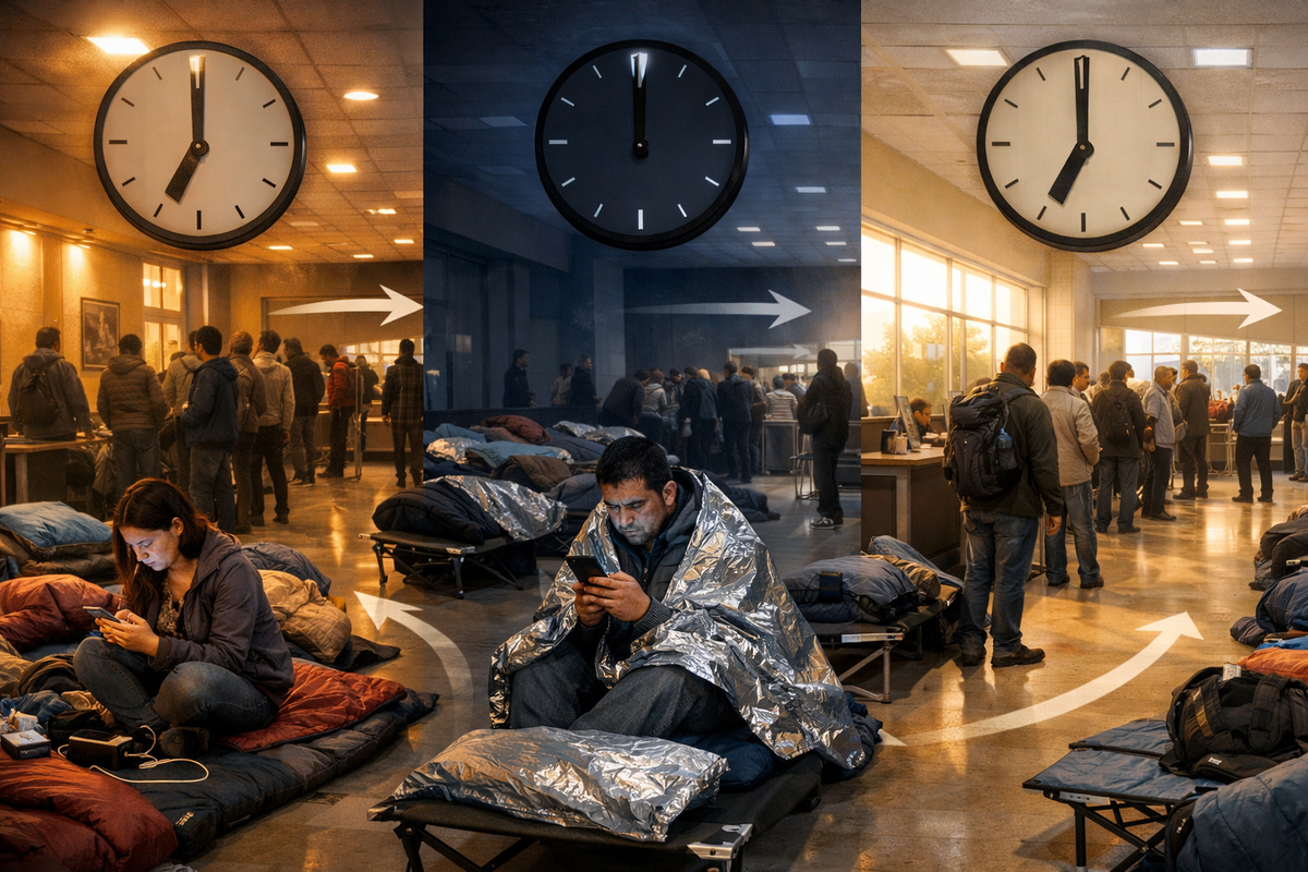 Overnight indoor waiting hall time-lapse—sleeping bags, cots, foil blankets, glowing phones under a giant clock; sleep-deprived tension turning into stubborn hope before the rush