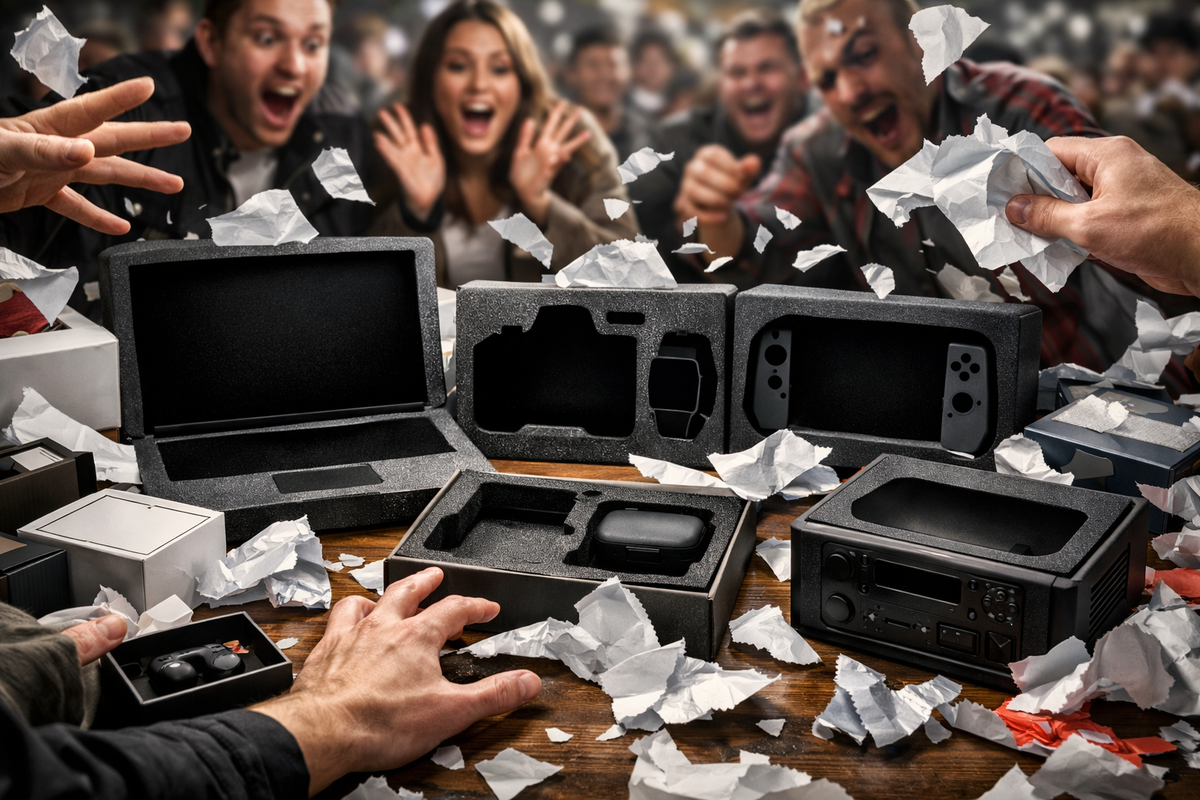 Lucky-box unboxing chaos—torn paper flying, hands grabbing foam trays with laptop/camera/console silhouettes; shocked faces, jackpot euphoria, and sellout-level panic energy