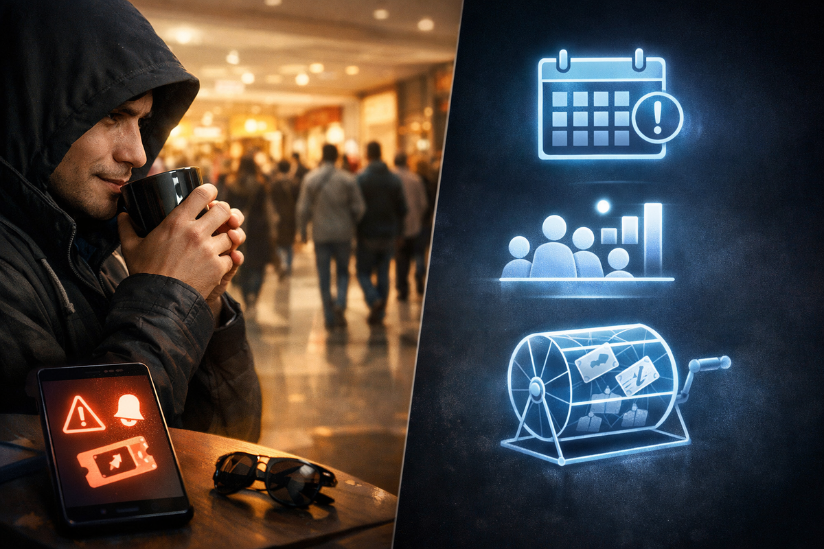 Hooded shopper calmly sipping hot coffee while a phone flashes urgent alerts—calendar, crowd meter, raffle drum icons glowing; quiet, ruthless “skip-the-line” strategy in a busy mall