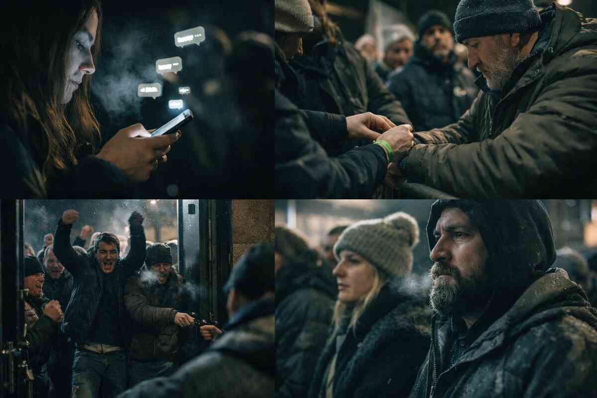 Four-panel real-time line drama—frozen fingers posting updates, wristband handoff, doors cracking open, crowd erupting; raw hype, relief, and FOMO in one cinematic moment