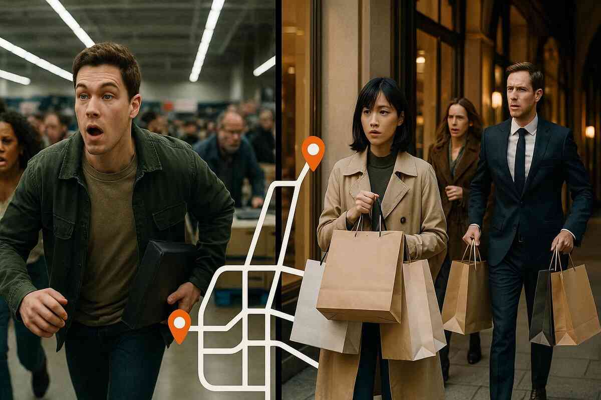 Split-screen route showdown with map pins—one shopper sprinting through a packed store clutching a box, others speed-walking with shopping bags; decisive city run to max New Year deals