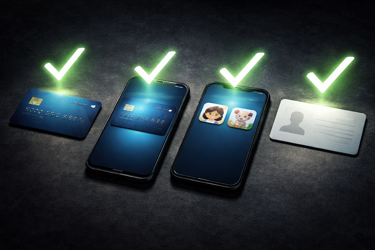 Checklist-ready setup on a dark table—card, virtual card on phone, kid/family app icons, ID—clean, confident “prepared to win” energy