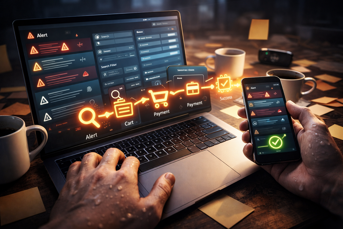 Sweaty one-shot checkout war-room—alert feed → cart → payment → green success tick—high-stakes speed run to beat errors and snag the bundle