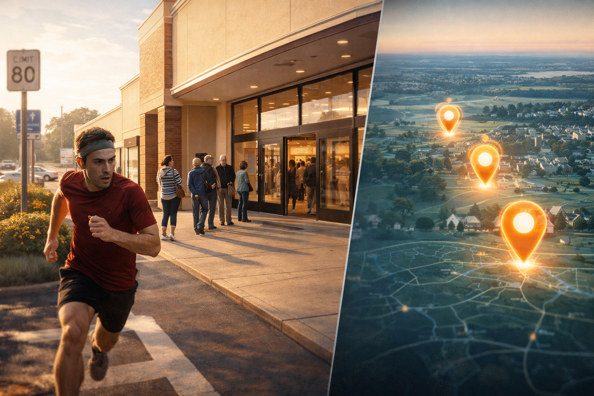 Split-screen “hidden-store” hunt—runner hitting a quiet mall entrance while rural map pins glow—secret locations, low-competition hope, decisive urgency