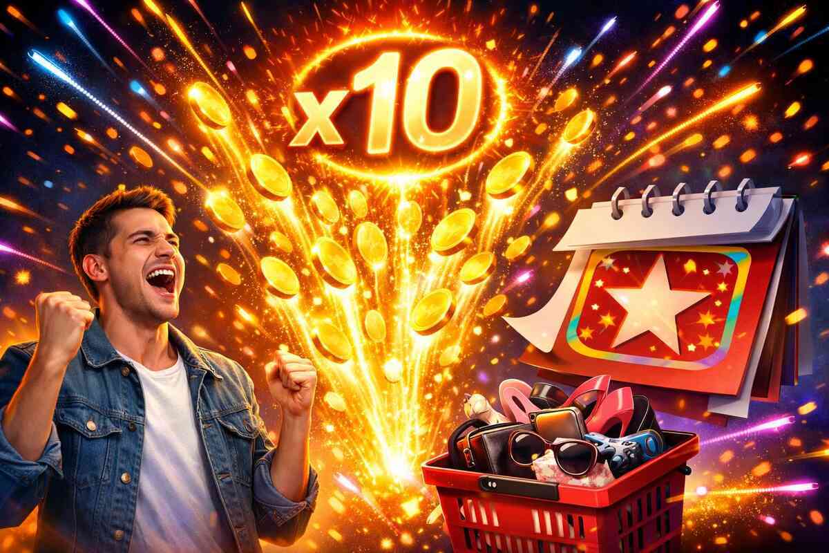 Points jackpot explosion—x10 multiplier with raining coins and a special-day calendar—victory shout, dopamine rush, savings that feel unreal