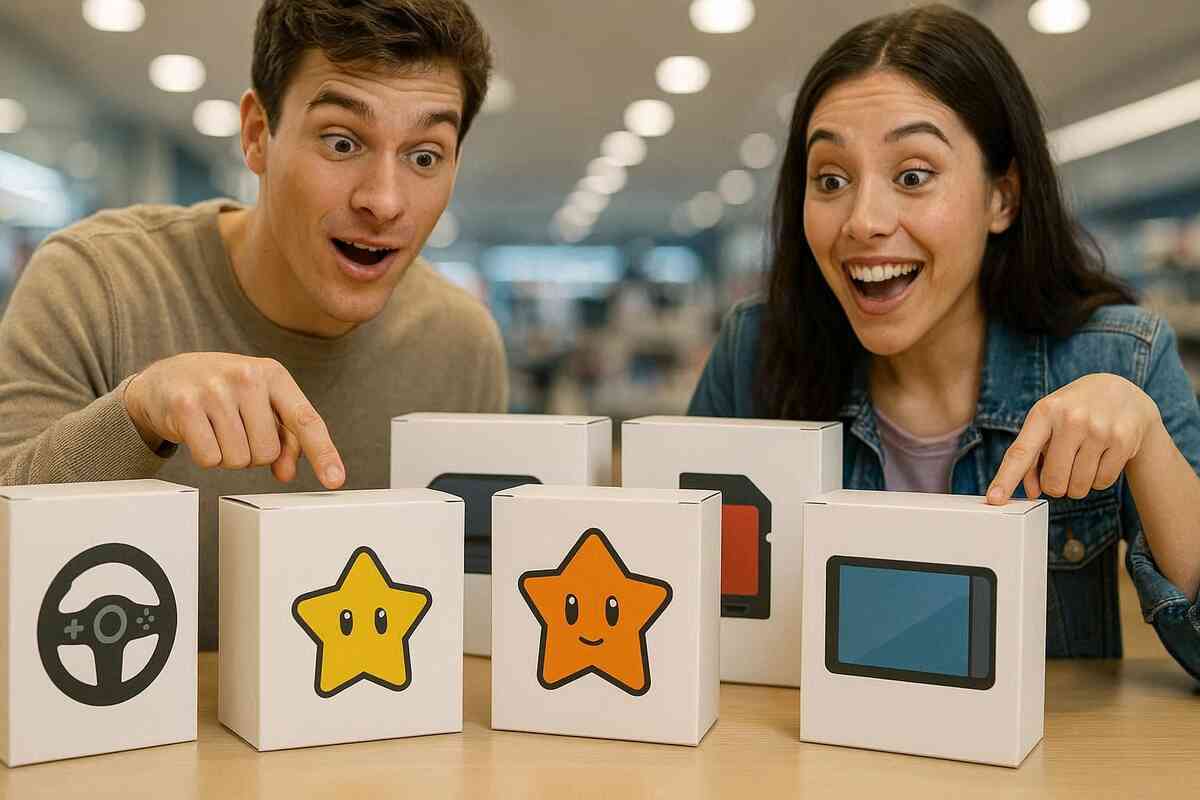 Two shoppers wide-eyed and grinning, pointing at mystery bundle boxes—choice overload, jackpot vibes, can’t-miss excitement for the perfect set