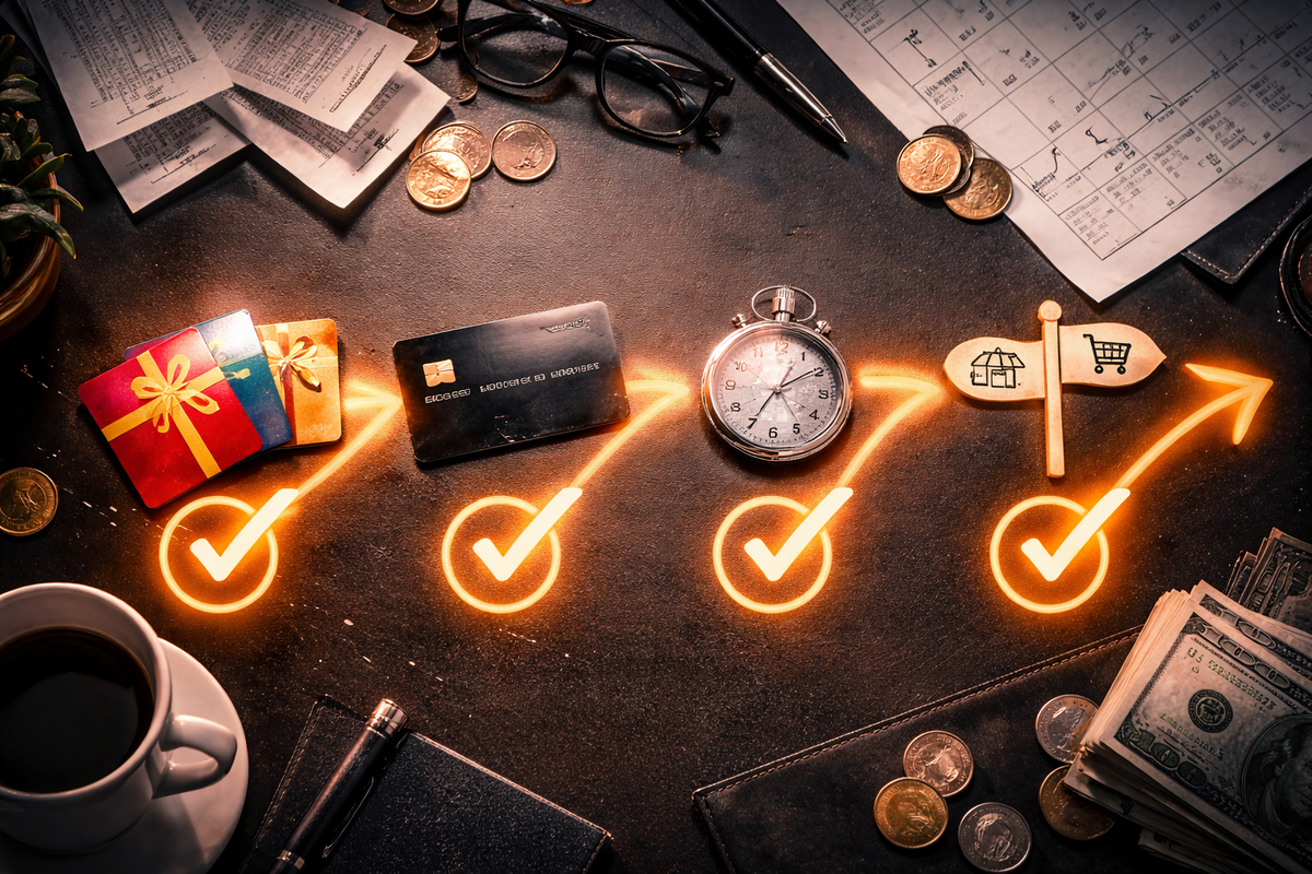 Gift-card savings roadmap flat-lay—cards, premium card silhouette, stopwatch, receipts, and a store-vs-online sign with four glowing checkmarks; obsessive “don’t waste a cent” determination