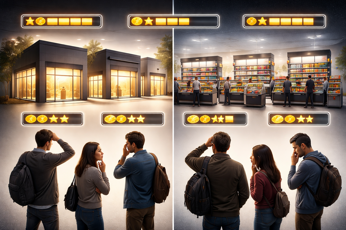 Retailer showdown comparison grid—big-box stores vs convenience counters with glowing score bars; shoppers stuck in high-stakes indecision, “choose wrong and you lose” anxiety