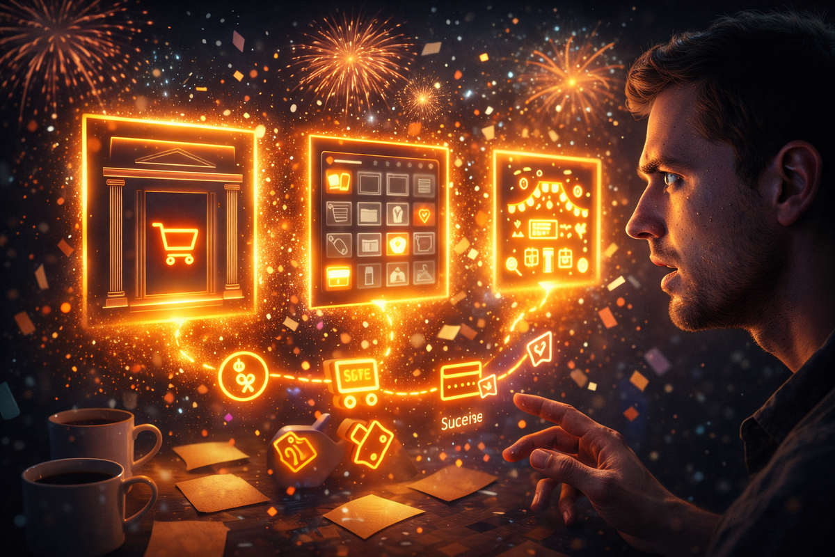 Fireworks-lit deal portals—official-style store, marketplace grid, and mega-sale storefront icons blazing in the air; a buyer’s hungry stare, jackpot-chasing hype and disbelief