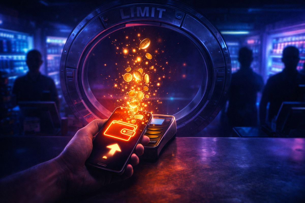 Tap-to-pay at a neon counter as coins explode upward into a looming “LIMIT” vault ring—stacking-rewards adrenaline and dangerous temptation to push it further