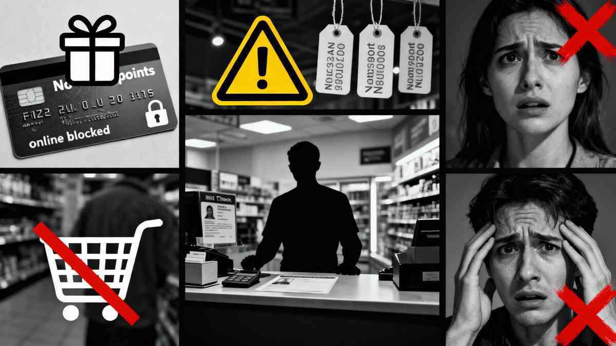 Brutal warning collage—“no points,” “online blocked,” tag traps, cart crossed out, ID-check silhouette, and red-X panic faces; one mistake and the bargain dies