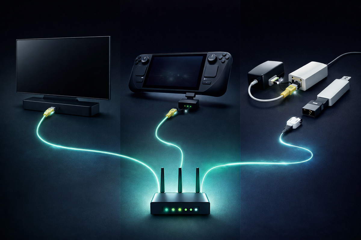 16:9 — dramatic three-way split scene: (1) TV stand with a dock-style base and Ethernet cable, (2) handheld console with a compact wired network adapter plugged into a reversible port, (3) older adapter revived via a small converter; glowing path lines connecting each setup to a stable router icon; clean infographic realism, no logos, no text