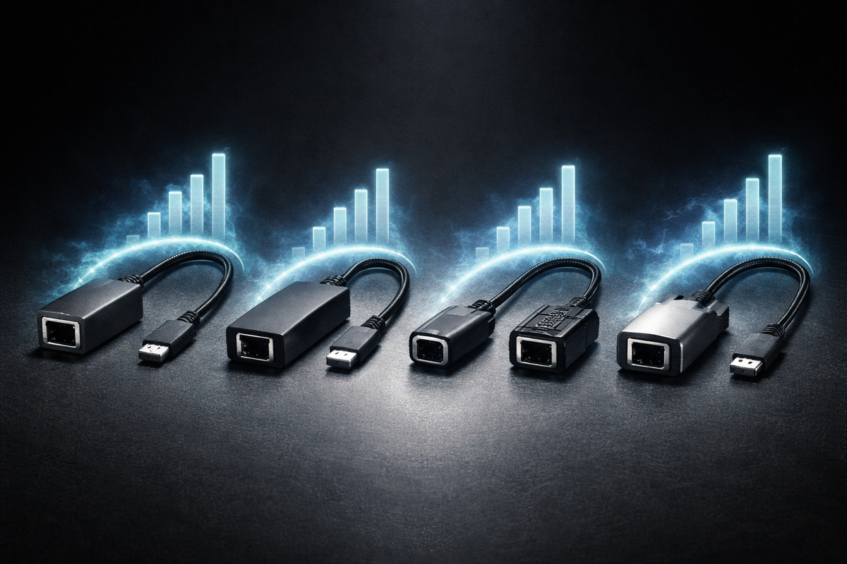 16:9 — intense product lineup on a dark matte surface: five unbranded wired network adapters in a row, each with a different silhouette (straight, L-shaped, ultra-compact, rugged, premium metal); electric “speed aura” halos and signal bars (icon-only) behind them; dramatic studio lighting, crisp macro detail, no logos, no text