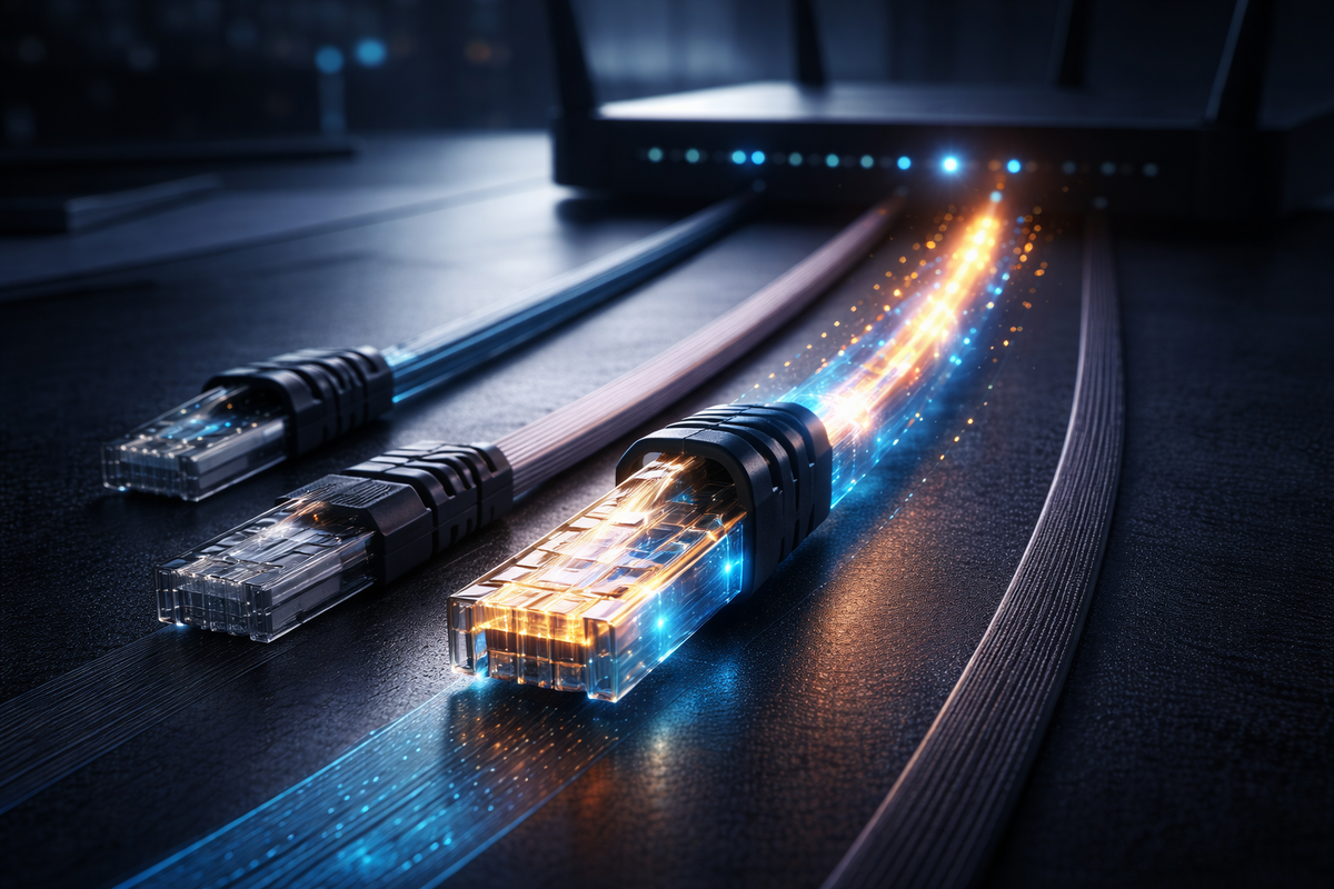 16:9 — cinematic close-up of three Ethernet cables (flat, slim, long-run) stretching across a desk like racing lanes; a futuristic “future-proof” glow running through the thickest cable, sparks of data flowing toward a router; tactile textures, premium realism, no logos, no text