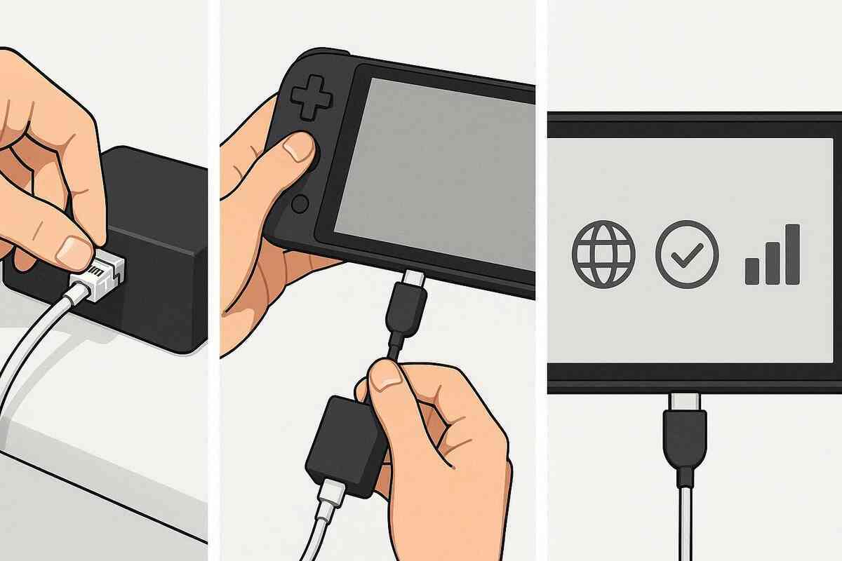 16:9 — step-by-step visual story without words: left frame shows plugging Ethernet into a dock-style base, middle shows attaching a wired adapter to a handheld console, right shows a successful connection test screen made of simple icons (globe, checkmark, stable bars); clean UI-style lighting, crisp hands, no logos, no text