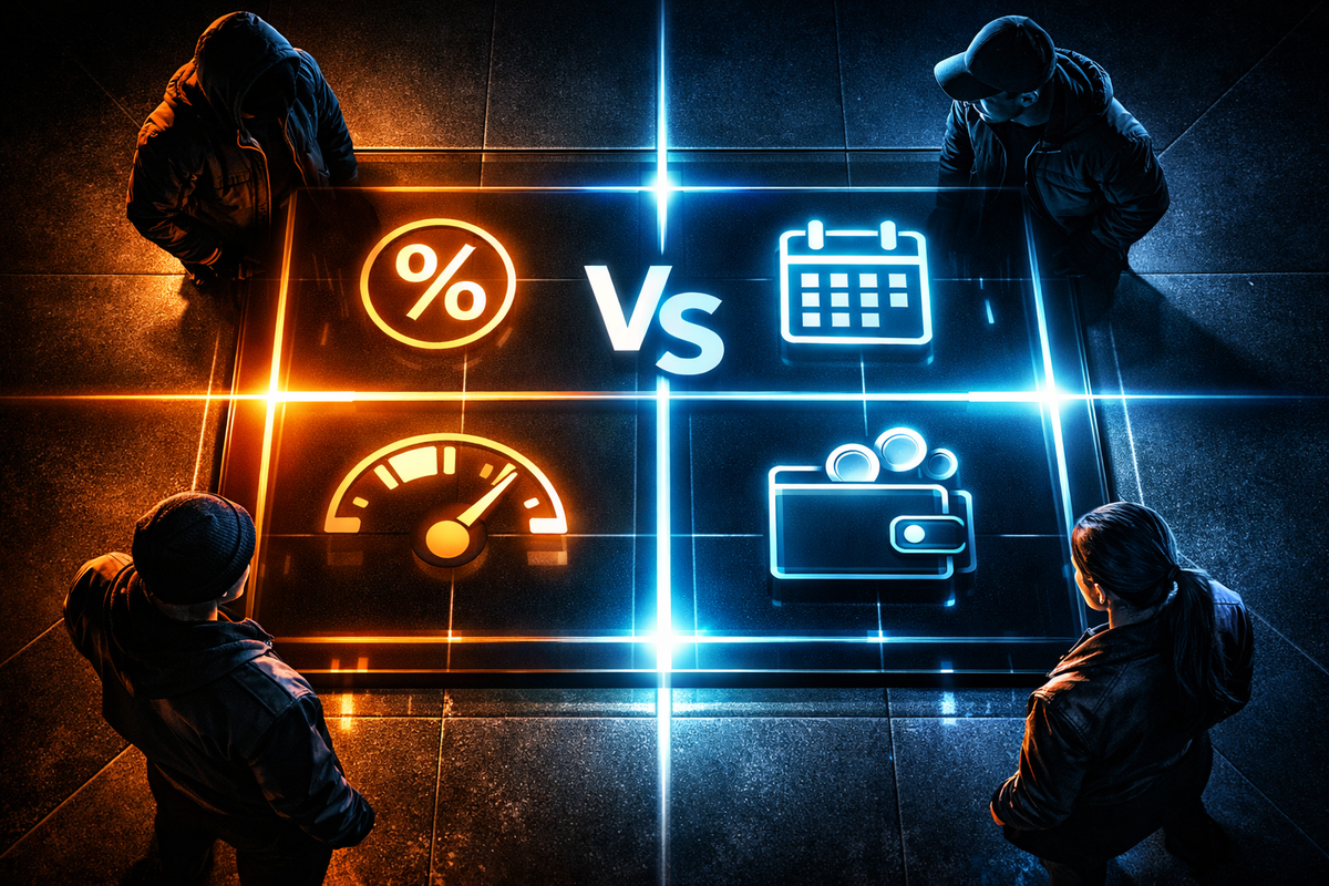 Neon “VS” decision floor: % and limit gauge facing a calendar and wallet while four figures hover in tense silence—high-stakes comparison energy, choose-now pressure, ruthless deal clarity