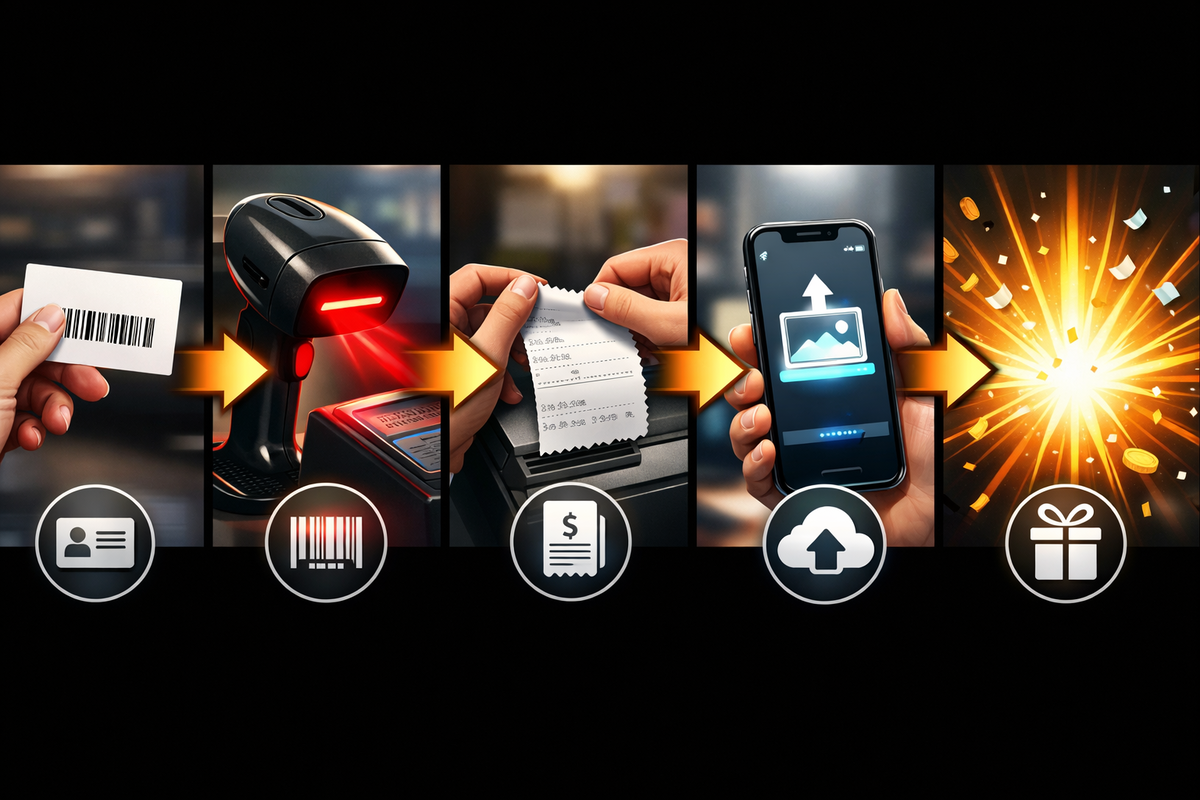 Clean step-by-step strip: barcode scan → receipt in hand → upload on phone → explosive reward burst—can’t-mess-this-up flow with satisfying momentum and instant-win anticipation