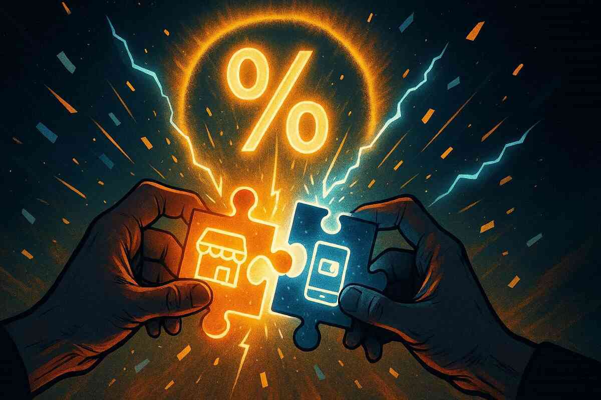 Hands snapping puzzle pieces together (store + smartphone) under a giant glowing % symbol, sparks and confetti flying—thrilling double-dip hack, triumphant savings rush, genius-plot satisfaction
