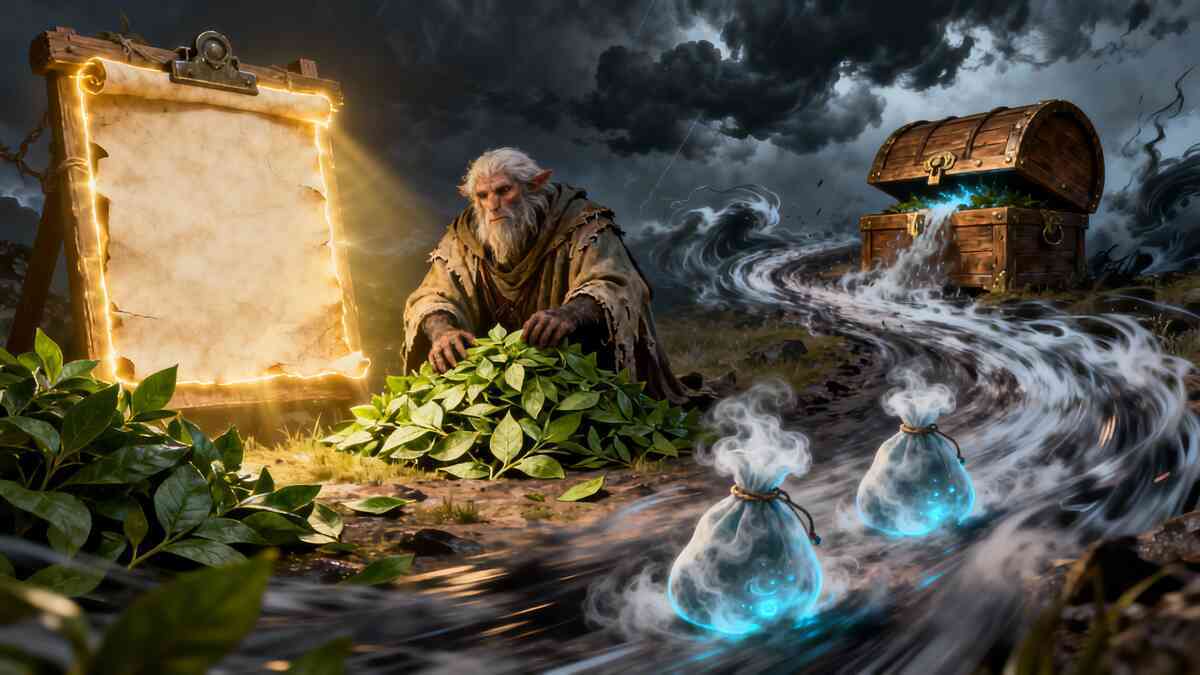 Epic quest board glowing under storm clouds, old sage guarding fragrant leaves and treasure chest streaming light—reward-chasing urgency, mythical side-mission tension