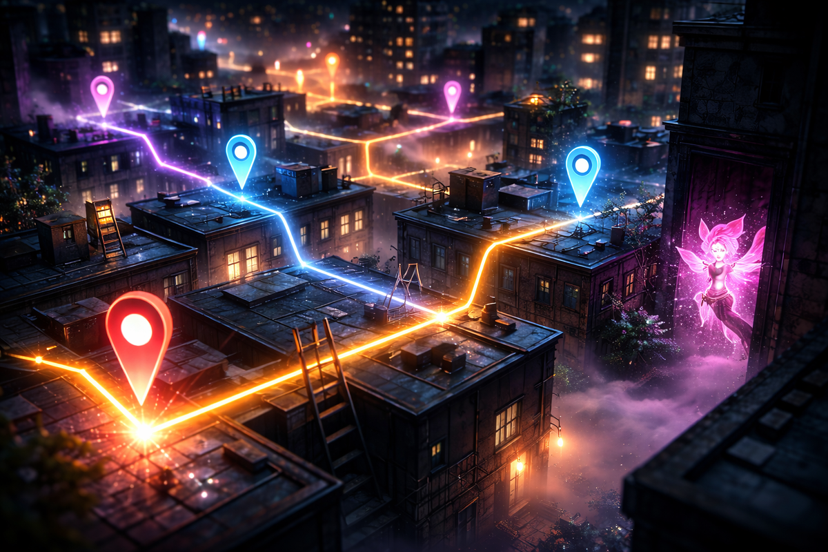 Night city rooftops connected by neon map lines and glowing location pins, pink fairy mural watching over the hunt—thrilling capture route energy, adventure pulse