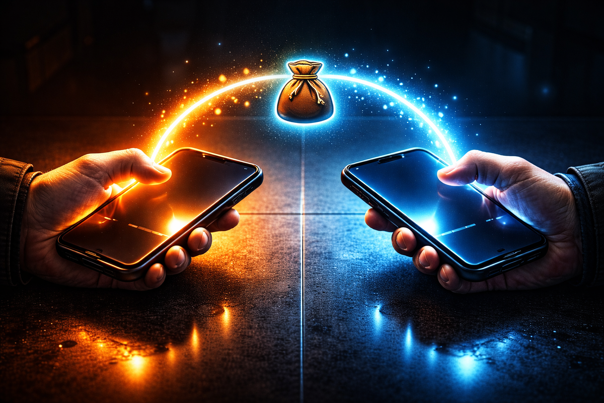 Two smartphones glowing orange and blue exchanging a floating pouch of light—perfect link-trade tension, connection magic, trust and adrenaline fused