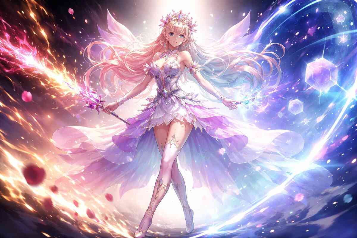 Radiant goddess-like fairy in pastel armor wielding twin magic wands—evolution triumph, beauty and power explosion, celestial victory aura