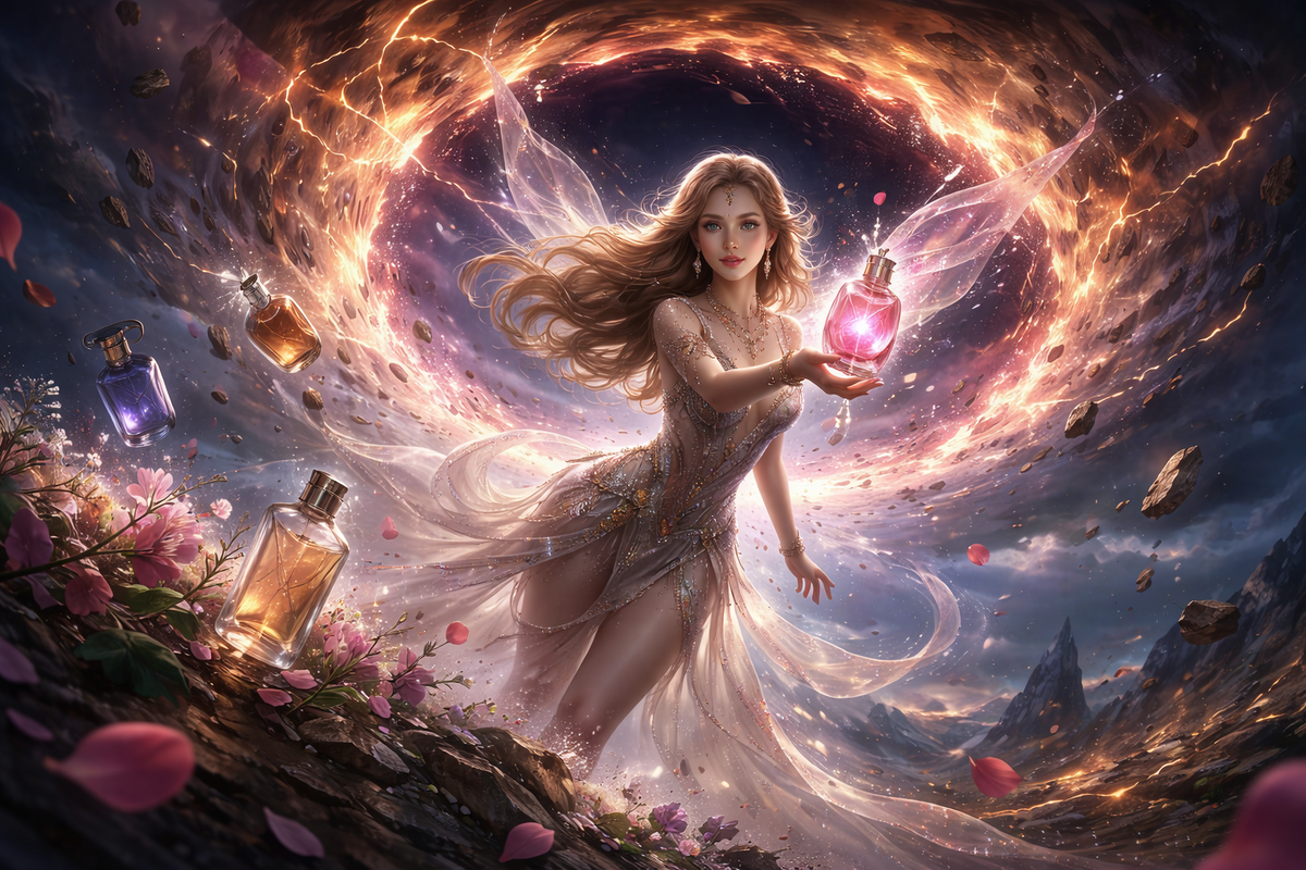 Ethereal perfume fairy offering a glowing vial as petals swirl through a storm—luxurious fragrance magic meets chaos, alluring fantasy energy, irresistible pull