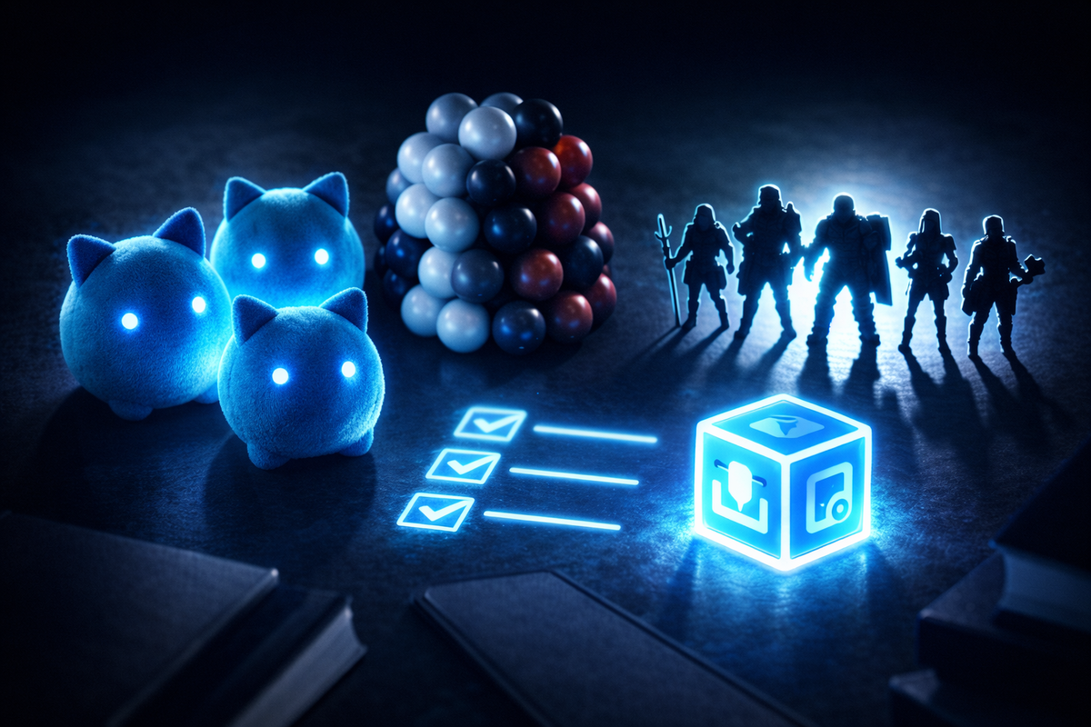 Night prep desk with three glowing blue plush charms, stacked capture orbs, and a ruthless checklist—calm-before-the-storm focus, “I’m winning tonight” energy