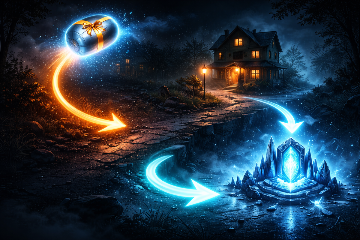 Mystery gift capsule streaking toward a haunted house, arrows guiding a secret route to a glowing crystal altar—story-unlock suspense, urgent “go now” momentum