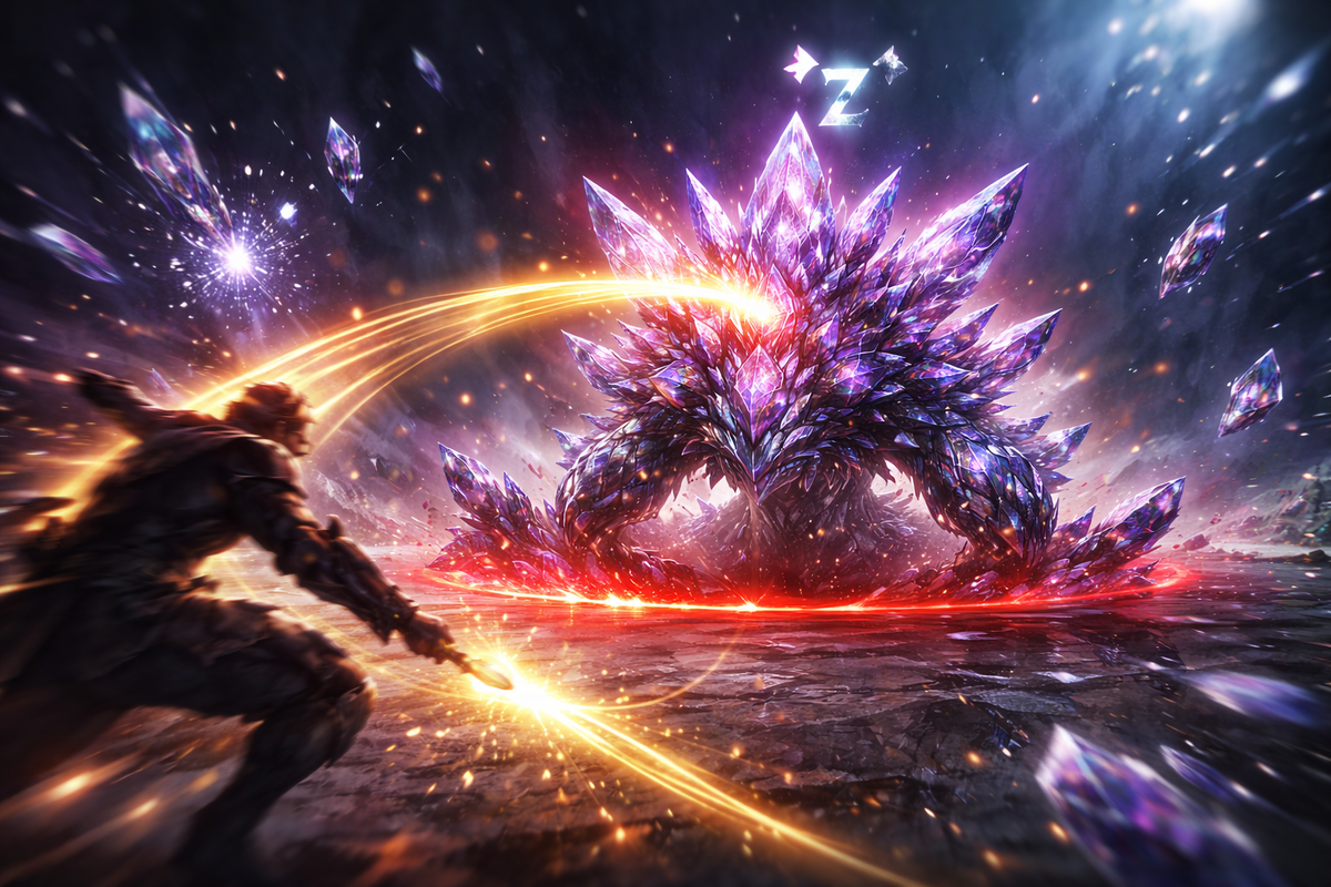 Battle-perfect moment: gem creature weakened and drowsy under sparkles, golden throw arc locked in—precision adrenaline, “this is the 7% shot” thrill