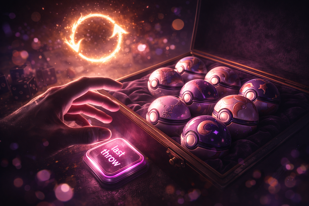 Velvet case of rare aesthetic capture orbs, trembling hand hovering over the final attempt with reroll glow—obsessive hope, sleepless grind, one-shot destiny vibes
