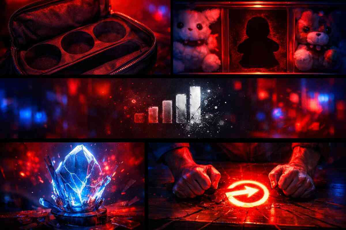 Red-blue panic montage: empty orb pouch, missing charm slots, cracked crystal, rage fists and restart arrow—failure shock turning into fierce comeback resolve
