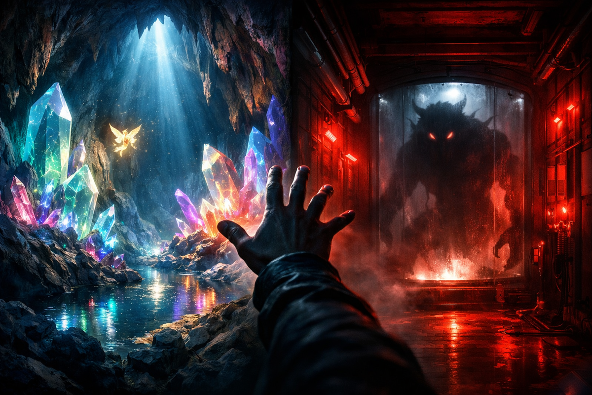 Dual-world tension—hand reaching toward radiant crystals and a tiny mythic creature as a shadow monster looms in red light—beauty vs danger, heart racing discovery moment