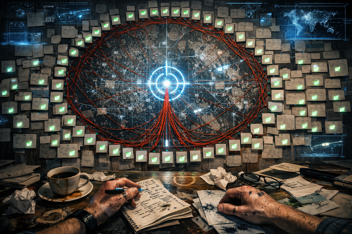 Mission wall obsession—hundreds of glowing checkmarks, tangled red threads, coffee-stained notes, sleepless strategist energy, full-completion mania in cinematic focus