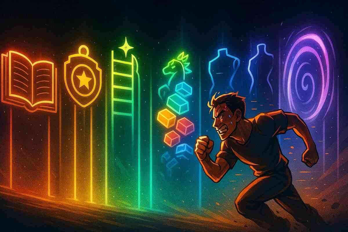 Endgame marathon—determined player sprinting through glowing rainbow pillars of progress, sweat and fire in motion, pure drive and addiction to mastery