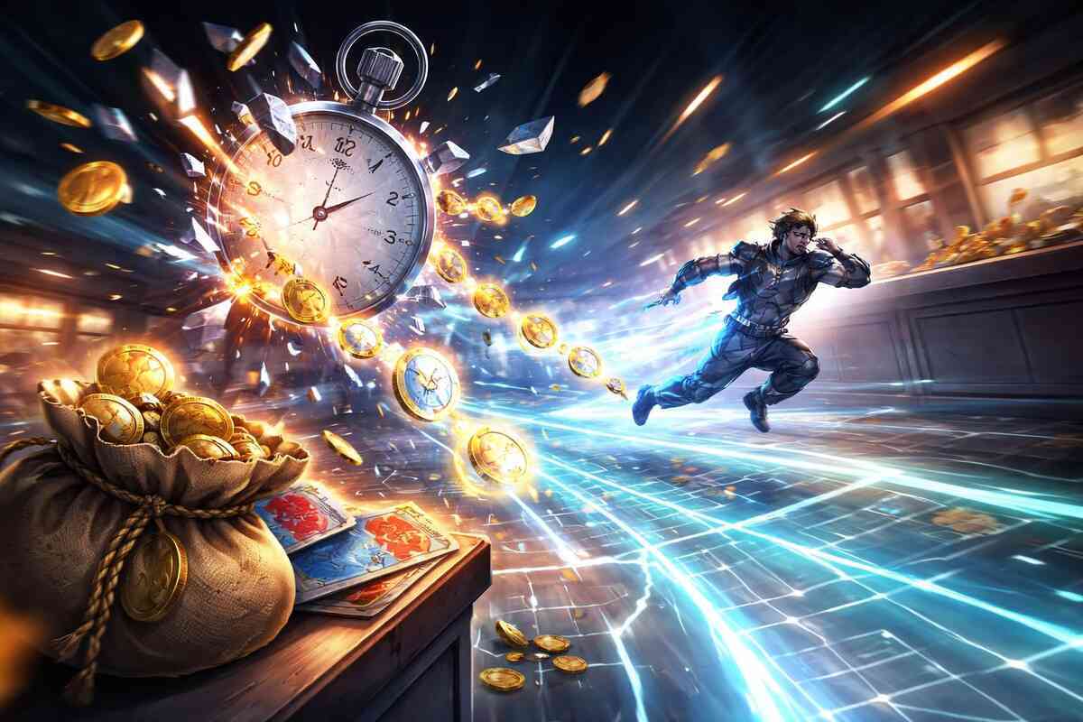 High-speed money rush—hero dashing through streams of coins and shattered clocks, time bending for maximum gain, unstoppable pursuit of efficiency and gold
