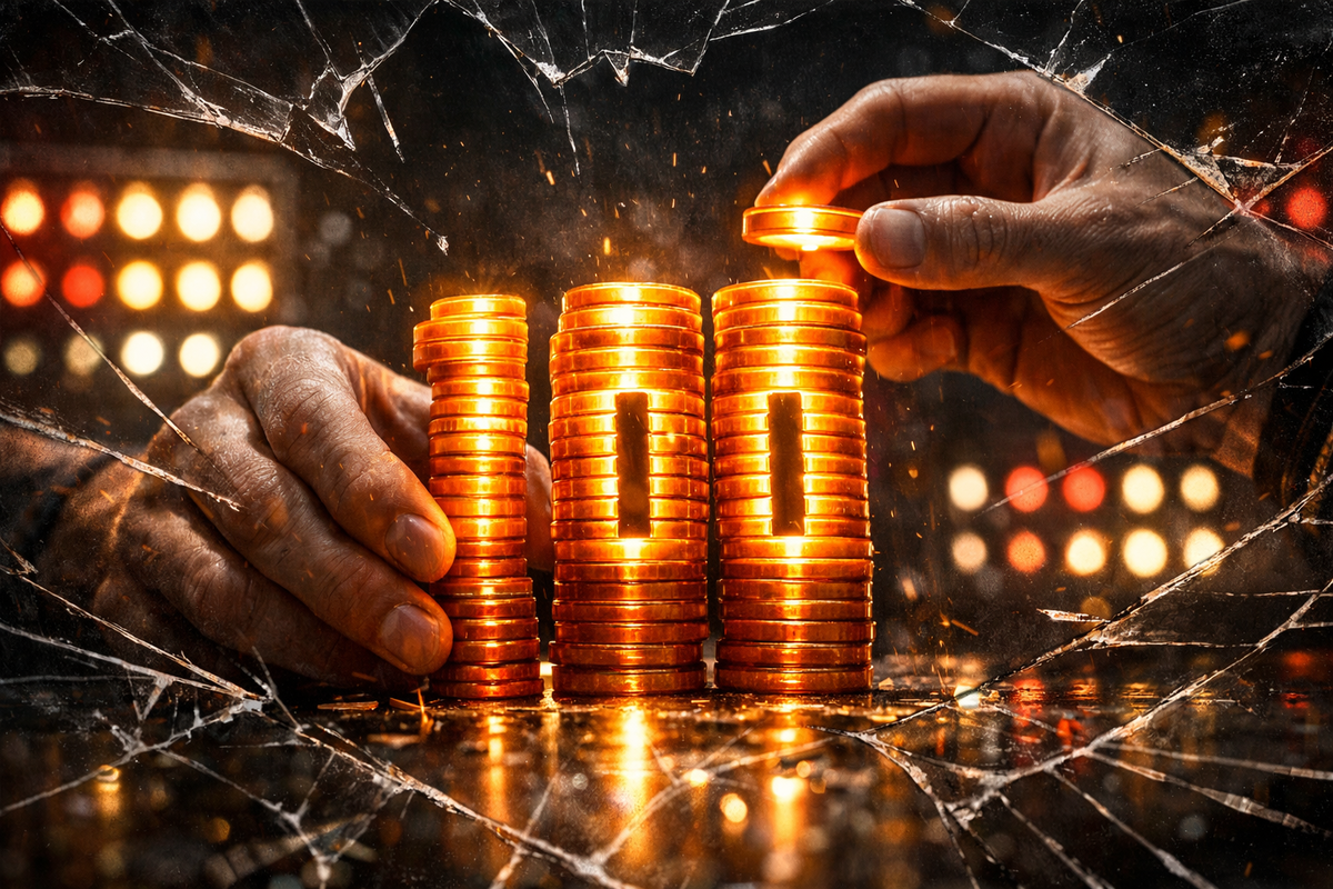 Hands stacking blazing gold tokens into tall columns behind cracked glass—race-to-100 grind, pressure cooker stakes, victory-or-bust obsession