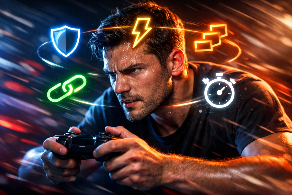 Sweat-soaked player locked in with neon tactic icons orbiting—defense, speed, combos, timing—beginner-to-clutch energy, laser focus, heart-racing momentum