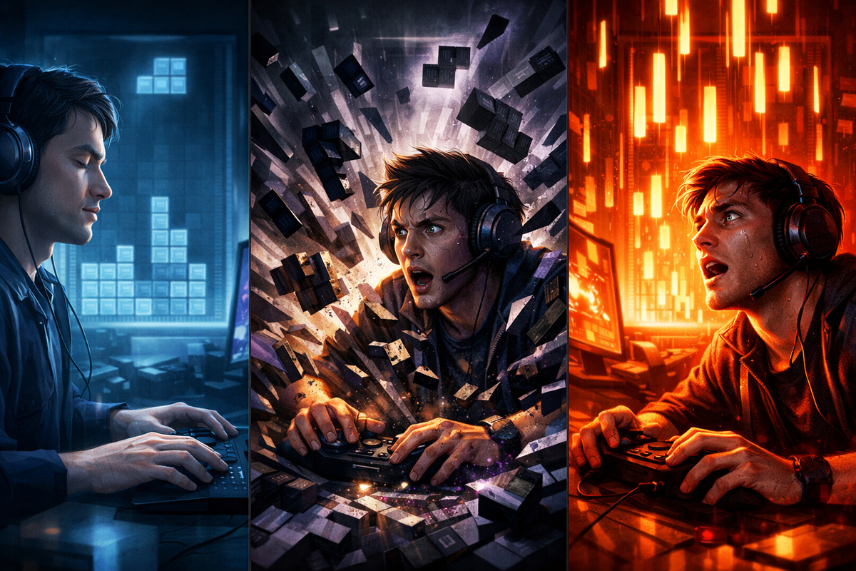 Three-phase showdown montage: calm early stacking → midgame chaos explosion → endgame speed panic—survive the storm, keep your nerve, last-one-standing intensity