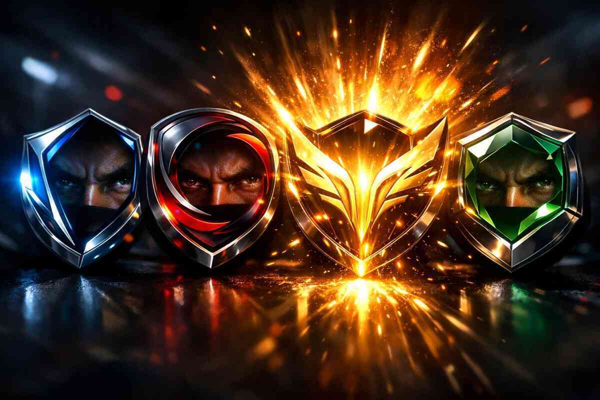 Four glowing metallic badges with fierce eyes and sparks erupting—power boost surge, target-choice drama, knockout rush, ruthless strategy vibe
