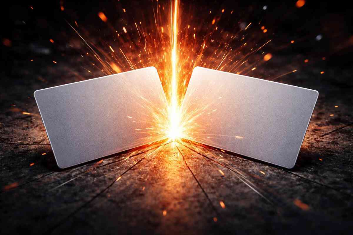 Two blank gift cards colliding with a volcanic burst of sparks—double-buy deal impact, explosive savings rush, all-in bargain adrenaline