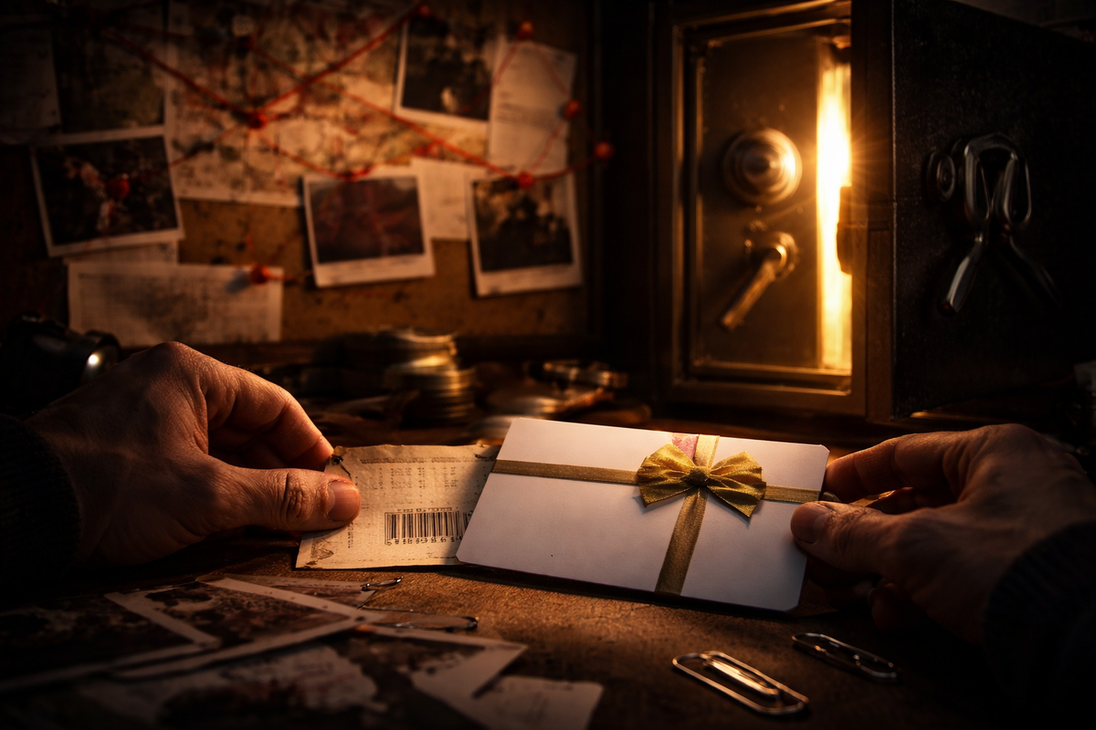 Shadowy hands sliding a voucher beside a ribboned card as a safe door glows open—secret stacking hack, heist-like thrill, forbidden-win dopamine